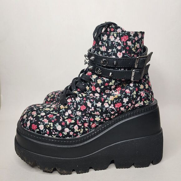 Demonia Shaker 52 Boots Platform Black Floral Womens 8 Spike Goth Grunge - Picture 5 of 15